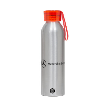Mercedes small logo, Αλουμινένιο Αθλητικό Μπουκάλι 650ml – Ασημί με Κόκκινο Καπάκι και Λουράκι Σιλικόνης