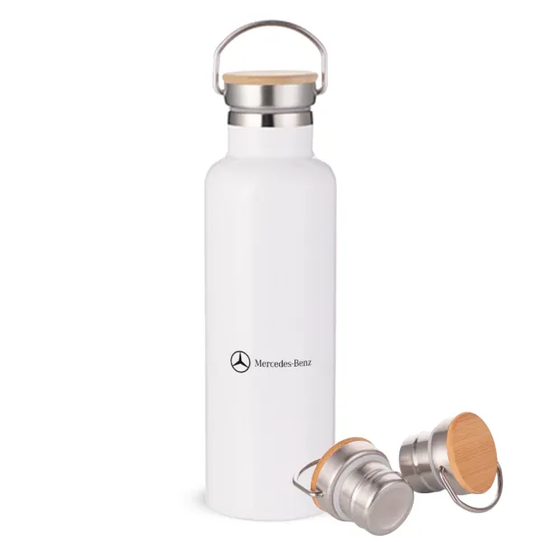 Mercedes small logo — Μεταλλικό παγούρι θερμός (Stainless steel) Λευκό με ξύλινο καπάκι (bamboo), διπλού τοιχώματος, 750ml