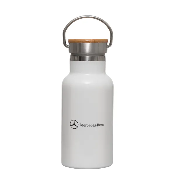 Mercedes small logo — Metallic thermos (Stainless steel) White with wooden lid (bamboo), double-walled, 350ml