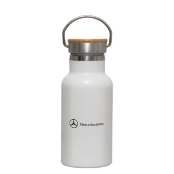 Mercedes small logo, Μεταλλικό παγούρι θερμός (Stainless steel) Λευκό με ξύλινο καπακι (bamboo), διπλού τοιχώματος, 350ml