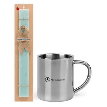 Mercedes small logo, Easter Set, metallic thermal cup (300ml) & aromatic flat Easter candle (30cm) (TURQUOISE)