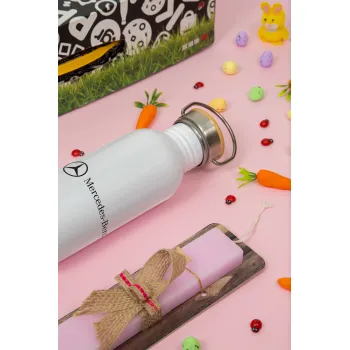 Mercedes small logo, Πασχαλινή Λαμπάδα με παγούρι μεταλλικό (620ml, stainless steel) & κερί αρωματικό πλακέ (30cm) (ΡΟΖ)