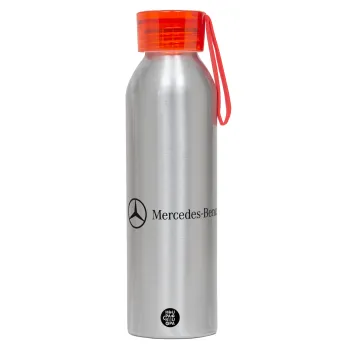 Mercedes small logo, Αλουμινένιο Αθλητικό Μπουκάλι 650ml – Ασημί με Κόκκινο Καπάκι και Λουράκι Σιλικόνης