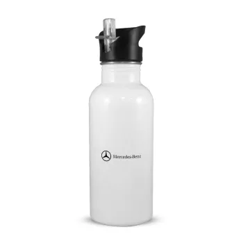 Mercedes small logo, White water bottle with straw, stainless steel 600ml