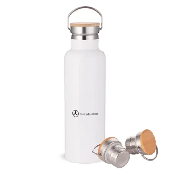 Mercedes small logo, Stainless steel White with wooden lid (bamboo), double wall, 750ml