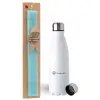 Easter Set, metallic stainless steel water bottle (750ml) & aromatic flat Easter candle (30cm) (TURQUOISE)