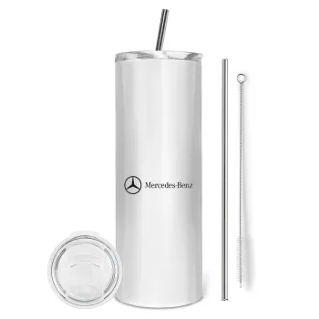 Mercedes small logo, Tumbler ποτήρι θερμό από ανοξείδωτο ατσάλι 600ml, με μεταλλικό καλαμάκι & βούρτσα καθαρισμού