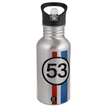 VW Herbie 53, Water bottle Silver with straw, stainless steel 500ml