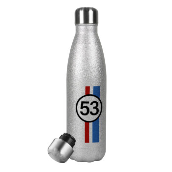 VW Herbie 53, Metallic Glitter Silver Thermos Flask (Stainless steel), double-walled, 500ml