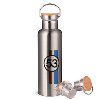 VW Herbie 53, Stainless steel Silver with wooden lid (bamboo), double wall, 750ml