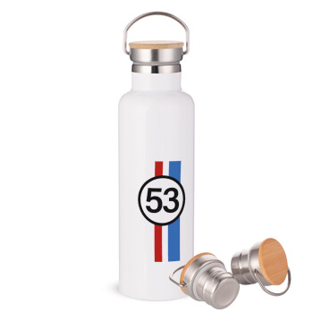 VW Herbie 53, Stainless steel White with wooden lid (bamboo), double wall, 750ml