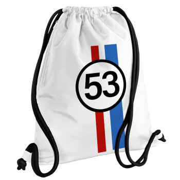 VW Herbie 53, Backpack pouch GYMBAG white, with pocket (40x48cm) & thick cords