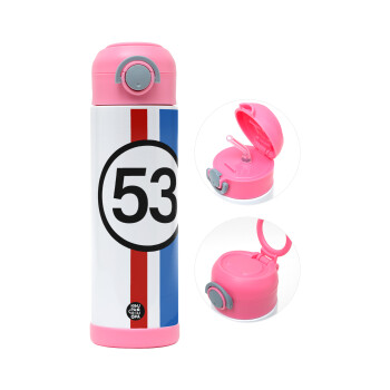 VW Herbie 53, Children's hot water bottle, stainless steel, with safety straw, PINK (500ml)