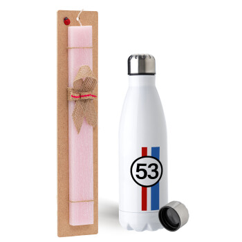 VW Herbie 53, Easter Set, metallic stainless steel water bottle (750ml) & scented flat Easter candle (30cm) (PINK)