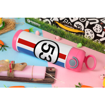VW Herbie 53, Πασχαλινή Λαμπάδα με Παιδικό παγούρι θερμό, ανοξείδωτο, με καλαμάκι ασφαλείας, ΡΟΖ (500ml)