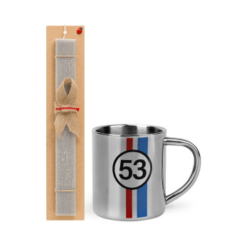 VW Herbie 53, Easter Set, metallic thermal cup (300ml) & Easter aromatic flat candle (30cm) (GRAY)