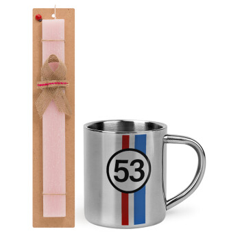 VW Herbie 53, Easter Set, metallic thermal cup (300ml) & aromatic flat Easter candle (30cm) (PINK)
