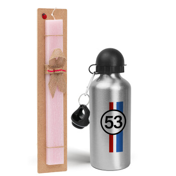 VW Herbie 53, Easter Set, metallic Silver aluminum water bottle (500ml) & scented flat Easter candle (30cm) (PINK)