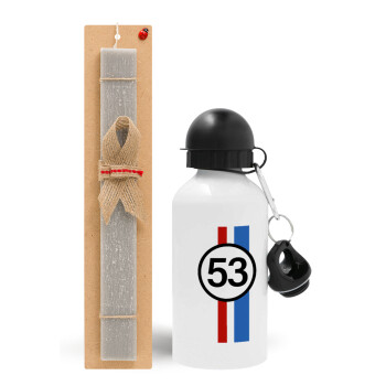 VW Herbie 53, Easter Set, metallic aluminum water bottle (500ml) & aromatic flat Easter candle (30cm) (GRAY)