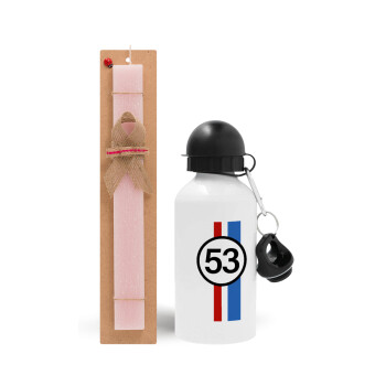 VW Herbie 53, Easter Set, metallic aluminum bottle (500ml) & aromatic flat Easter candle (30cm) (PINK)