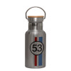 Stainless steel metallic thermos flask, silver with a bamboo lid, double-walled, 350ml.