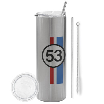 VW Herbie 53, Eco friendly stainless steel Silver tumbler 600ml, with metal straw & cleaning brush