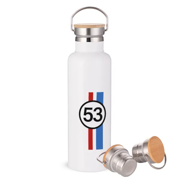 VW Herbie 53 — Stainless steel White with wooden lid (bamboo), double wall, 750ml