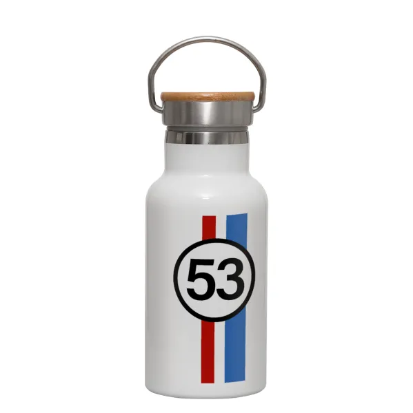 VW Herbie 53 — Metallic thermos (Stainless steel) White with wooden lid (bamboo), double-walled, 350ml