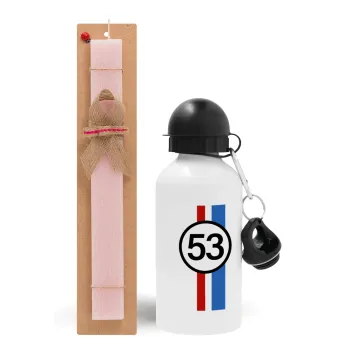VW Herbie 53, Easter Set, metallic aluminum bottle (500ml) & aromatic flat Easter candle (30cm) (PINK)