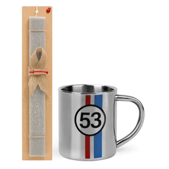 VW Herbie 53, Easter Set, metallic thermal cup (300ml) & Easter aromatic flat candle (30cm) (GRAY)