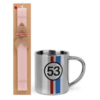 VW Herbie 53, Easter Set, metallic thermal cup (300ml) & aromatic flat Easter candle (30cm) (PINK)