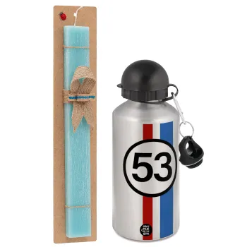 VW Herbie 53, Easter Set, metallic silver aluminum water bottle (500ml) & scented flat Easter candle (30cm) (TURQUOISE)