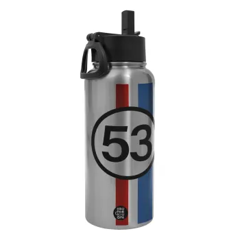 VW Herbie 53, Μεταλλικό παγούρι θερμός Silver με καλαμάκι και χερούλι (Stainless steel), διπλού τοιχώματος, 950ml