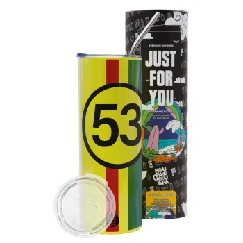 VW Herbie 53, Neon Yellow Travel Tumbler θερμό, μεταλλικό καλαμάκι(Ανωξείδωτο 304 Food grade, BPA free, 600ml)