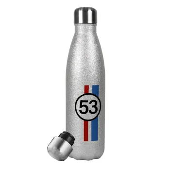 VW Herbie 53, Metallic Glitter Silver Thermos Flask (Stainless steel), double-walled, 500ml