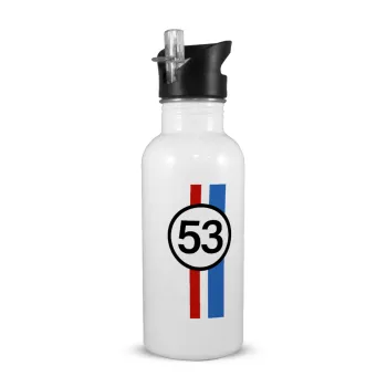 VW Herbie 53, White water bottle with straw, stainless steel 600ml