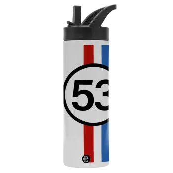 VW Herbie 53, Metallic thermos bottle with straw & handle, stainless steel (Stainless steel 304), double-walled, 600ml.