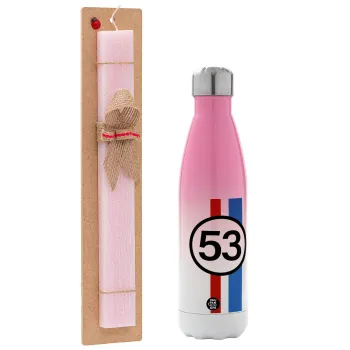 VW Herbie 53, Easter Set, Metallic pink/white (Stainless steel) thermos, double-walled, 500ml & aromatic flat Easter candle (30cm) (PINK)