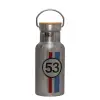 Stainless steel metallic thermos flask, silver with a bamboo lid, double-walled, 350ml.
