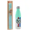 Easter Set, Metallic green/white thermos (Stainless steel), double-walled, 500ml & scented flat Easter candle (30cm) (TURQUOISE)