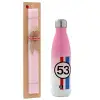 Easter Set, Metallic pink/white (Stainless steel) thermos, double-walled, 500ml & aromatic flat Easter candle (30cm) (PINK)