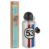 Easter Set, metallic silver aluminum water bottle (500ml) & scented flat Easter candle (30cm) (TURQUOISE)