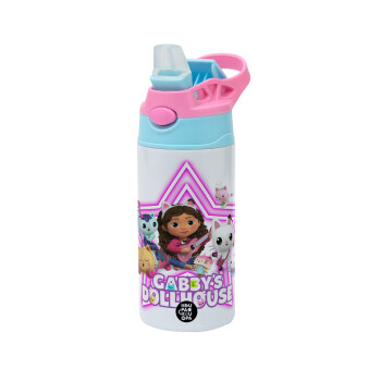 Gabby Dollhouse (ΤΟ ΚΟΥΚΛΟΣΠΙΤΟ ΤΗΣ ΓΚΑΜΠΙ), Παιδικό παγούρι θερμό, ανοξείδωτο, με καλαμάκι ασφαλείας, Ροζ/Σιελ (360ml) BPA FREE
