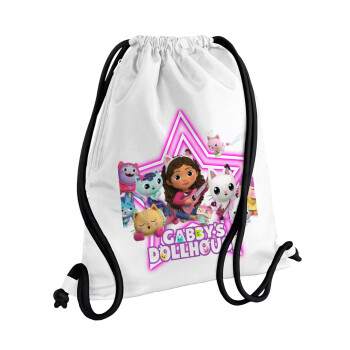 Gabby Dollhouse, Backpack pouch GYMBAG white, with pocket (40x48cm) & thick cords
