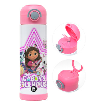 Gabby Dollhouse (ΤΟ ΚΟΥΚΛΟΣΠΙΤΟ ΤΗΣ ΓΚΑΜΠΙ), Παιδικό παγούρι θερμό, ανοξείδωτο, με καλαμάκι ασφαλείας, ΡΟΖ (500ml)