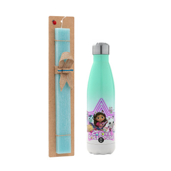 Gabby Dollhouse, Easter Set, Metallic green/white thermos (Stainless steel), double-walled, 500ml & scented flat Easter candle (30cm) (TURQUOISE)