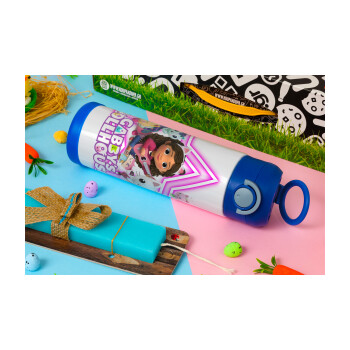 Gabby Dollhouse (ΤΟ ΚΟΥΚΛΟΣΠΙΤΟ ΤΗΣ ΓΚΑΜΠΙ), Πασχαλινή Λαμπάδα με Παιδικό παγούρι θερμό, ανοξείδωτο, με καλαμάκι ασφαλείας, ΜΠΛΕ (500ml)