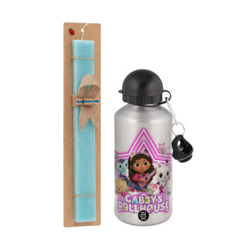 Gabby Dollhouse (ΤΟ ΚΟΥΚΛΟΣΠΙΤΟ ΤΗΣ ΓΚΑΜΠΙ), Πασχαλινή Λαμπάδα με παγούρι μεταλλικό Ασημένιο αλουμινίου (500ml) & κερί αρωματικό πλακέ (30cm) (ΤΙΡΚΟΥΑΖ)