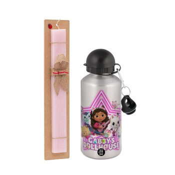 Gabby Dollhouse (ΤΟ ΚΟΥΚΛΟΣΠΙΤΟ ΤΗΣ ΓΚΑΜΠΙ), Πασχαλινή Λαμπάδα με παγούρι μεταλλικό Ασημένιο αλουμινίου (500ml) & κερί αρωματικό πλακέ (30cm) (ΡΟΖ)