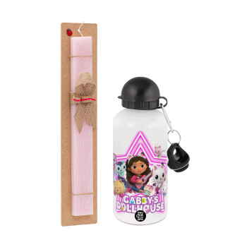 Gabby Dollhouse (ΤΟ ΚΟΥΚΛΟΣΠΙΤΟ ΤΗΣ ΓΚΑΜΠΙ), Πασχαλινή Λαμπάδα με παγούρι μεταλλικό αλουμινίου (500ml) & κερί αρωματικό πλακέ (30cm) (ΡΟΖ)